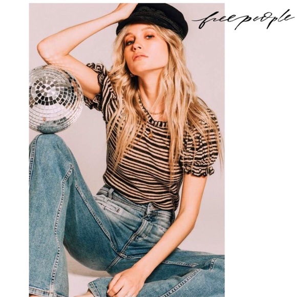 Free People Ruffle Sleeve Tee Blouse Striped - Picture 2 of 8